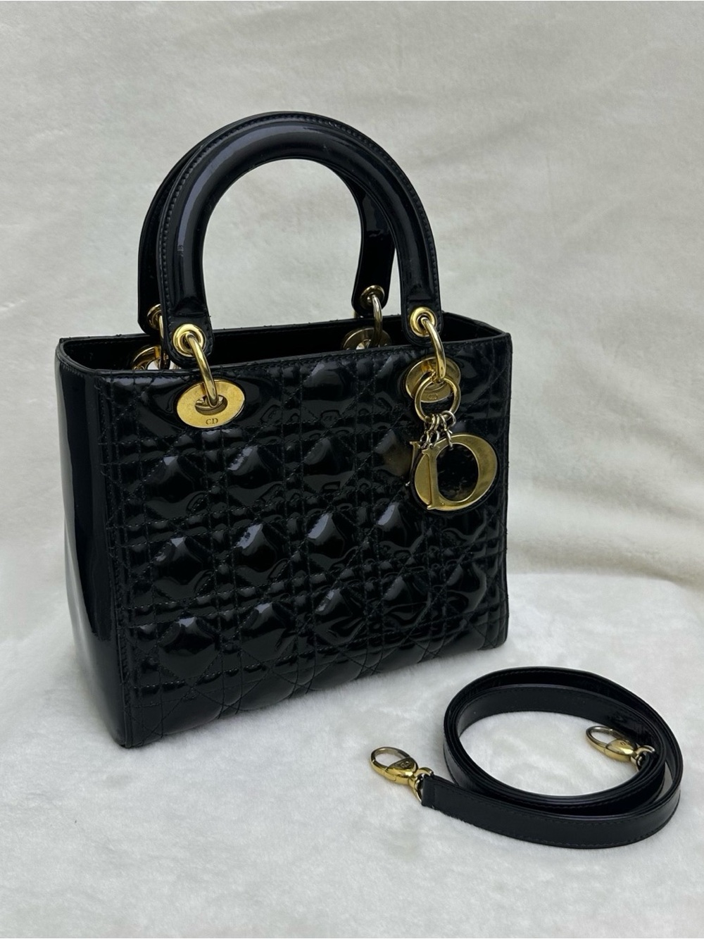 Dior Black Patent Quilted Satchel with Gold Hardware